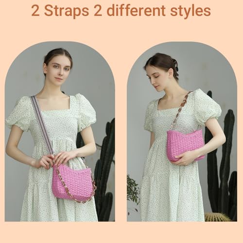 Herald Small Summer Crossbody Bags for Women, Beach Handmade Straw Woven Pocketbooks Handbag Shoulder Purse - color: Pink