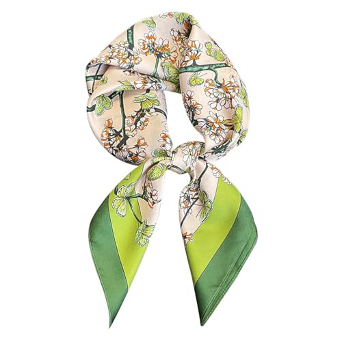 FEIBOON 100% Pure Mulberry Silk Scarfs 26"x26" Square Scarf Women Neckerchief Headscarf hair scarf bandana Gift Packed - color: Beige+green Flowers