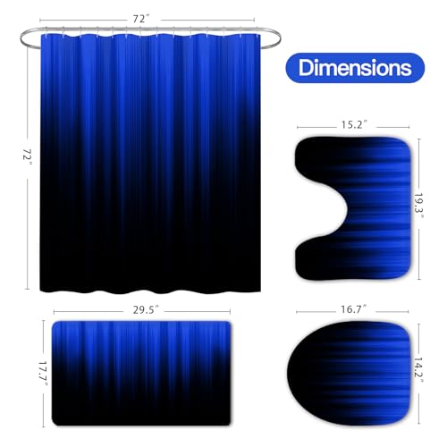 Litabel 4 Pcs Royal Blue and Black Gradient Shower Curtain Set with Rugs and Toilet Lid Cover, Modern Simple Waterproof Fabric Bathroom Set, Ombre Stripe Gothic Abstract Bathroom Decor Set Accessories - color: Royalblue