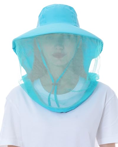 Womens Sun Hat Outdoor UV Protection Wide Brim Fishing Hat with Ponytail Hole Neck Flap for Beach Hiking Camping - color: Mosquito Net-sky Blue