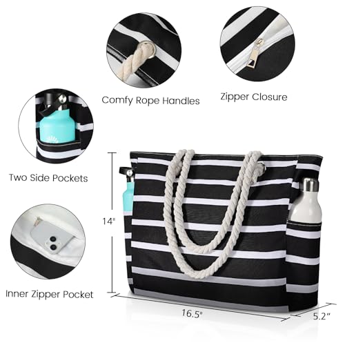 Clothirily Beach Bag for Women - Large Beach Tote Bag, Waterproof Sandproof Beach Bag with Zipper, Large Swim Pool Beach Tote - color: B-black