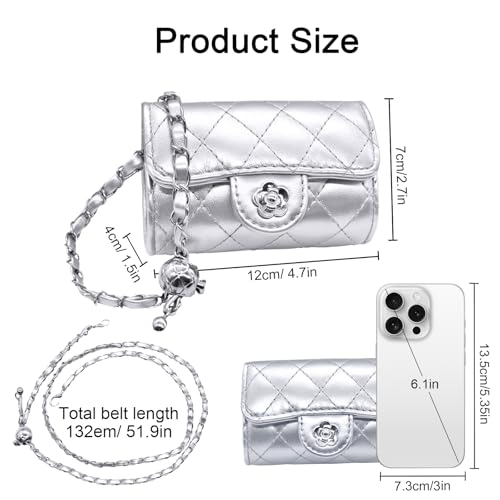 YAMEIZE Mini PU Leather Chain Belt Bag for Women Quilted Waist Purse Crossbody Fanny Pack Detachable Belt Chain - color: Silver - Mini (4.7x2.7 Inch)