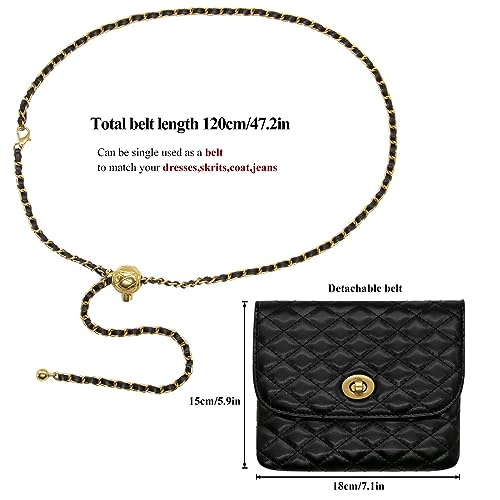 YAMEIZE PU Leather Chain Belt Bag for Women - Crossbody Waist Bag Fanny Pack Detachable Belt Chain Women Evening Mini Handbag - color: Black - Medium