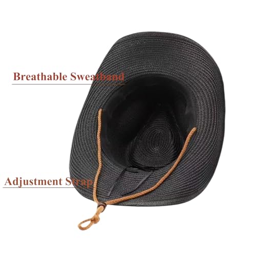 Straw Cowgirl Hat for Women Cowboy Hats for Men Wide Brim Sun Hat Shapeable Western Hat Beach Hat - color: Black