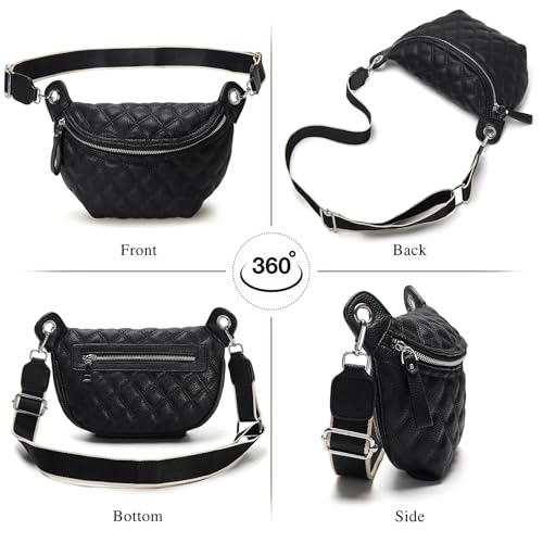 Women's Quilted Crossbody Waist Pack, PU Leather Fanny Pack Sling Bag with Adjustable Belt, Small Shoulder Purse for Travel, Daily Use (B-Black) - color: D-Black
