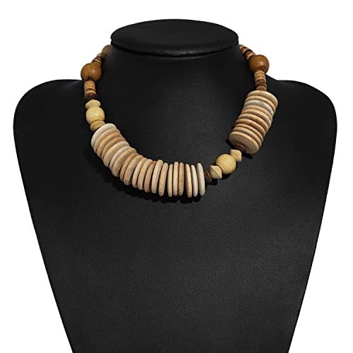 COLORFUL BLING Natural Chunky Wooden Beads Statement Necklace Boho African Tribal Collar Choker Bib Necklace Hippie Vacation Jewelry for Unisex Men Women - color: mix big