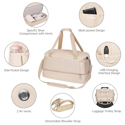 ETRONIK Gym Bag for Women, 45L Carry On Travel Duffel Bag with Shoes Compartment, Weekender Overnight Bag with Wet Pocket for Women, Travel, Gym, Weekend, Large Size - color: Brown, size: Large