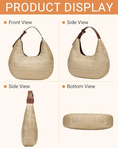 Herald Hobo Crescent Straw Handbag for Women, Summer Beach Tote Bag Purse Top Handle Satchel with Adjustable Strap - color: Brown