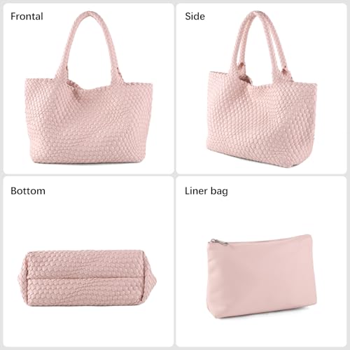 Handmade Woven Bag Satchel Handbag For Women Vegan Leather Tote Bag With Purses Travel Shoulder Bag Underarm Bag - color: Pink