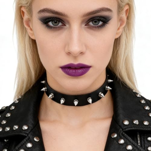 Eigso Vintage Punk Goth Studded Rivet Pu Leather Collar Choker Necklace with Spikes Adjustable - color: G-Black