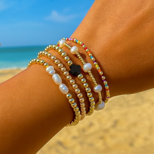 14K Gold Plated Pearl Beaded Cross Bracelets Stack Set for Women,Stretch Boho Colorful Christian Beads Ball Jewelry Friendship Summer Trendy Gift - color: black