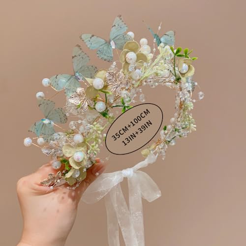 Boho Floral Crown for Women– Adjustable Faux Silk Flower Headband, Handmade Wedding Hair Accessory for Festivals & Photoshoots, Flower Hair Crown for Women (Blue Butterfly, Adjustable) - color: Blue Butterfly