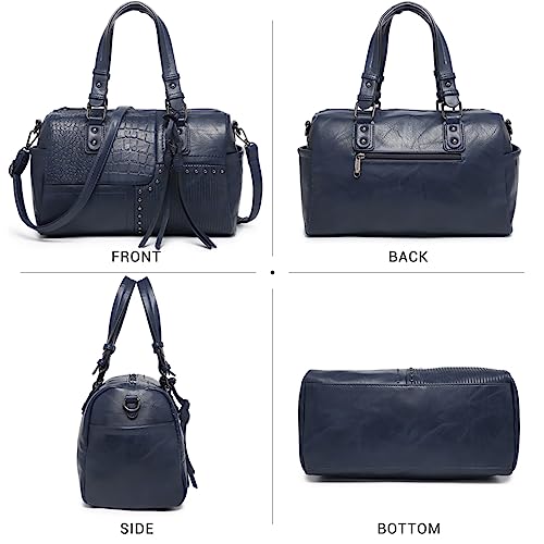 Dasein Women Soft Vegan Leather Barrel Bags Large Hobo Top Handle Work Totes Satchel Handbags Shoulder Purse - color: Navy Blue