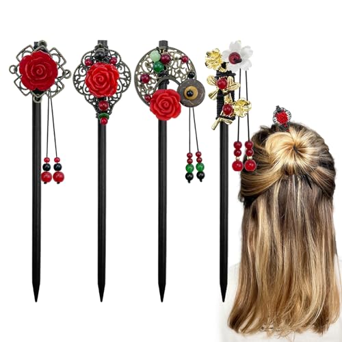 4 Pack Chinese Wooden Hair Stick for Buns Retro Hair Chopsticks Red Flower Beads Styling Vintage Tassel Hair Stick Hair Accessories for Women and Girls Thin Hair (Red) - color: Red