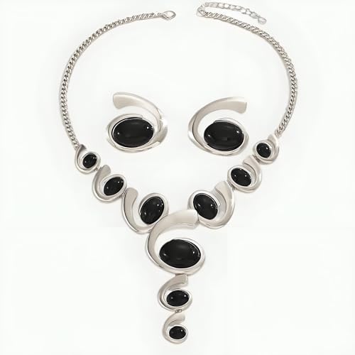 Gold Jewelry Set, Silver Black Boho Western Chunky Vintage Pendant Necklace Stack Trendy Adjustable Non Tarnish Cowgirl Dainty Hypoallergenic Earrings Jewelry Sets For Women - color: Silver set