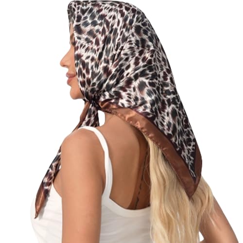 Leopard Print Head Scarf for Women Like Silk Satin Scarf for Hair Wrapping at Night Bandana Square Scarf 35 Inches - color: New Leopard