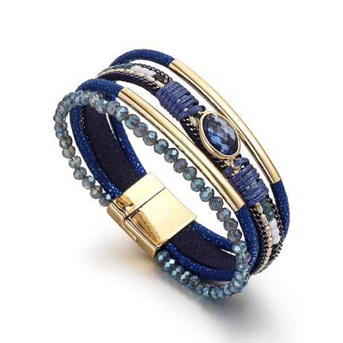 Edoneery Leather Wrap Bracelet for Women, Boho Handmade Multi-Layer Cuff with Crystal Beads Heart, Stackable Bangle Western Jewelry Gift - style: Crystal(Blue)