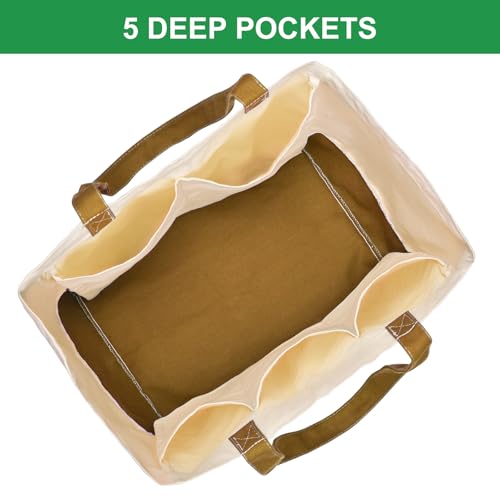 3 Pack Canvas Reusable Grocery Bags Heavy Duty, 8.3 gal Foldable Large Tote Bag with Handles, Holds 60 lbs Canvas Shopping Bags & Washable Eco-friendly Bags with 5 Pockets, camel+Off white - color: [A1] Off White / Brown, size: 3 Pack