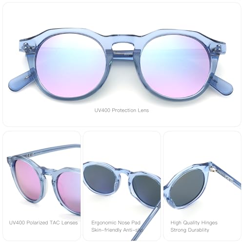 ZENOTTIC Vintage Round Polarized Sunglasses for Men Women UV400 Protection - color: C12 Crystal Blue Frame Pink Lens
