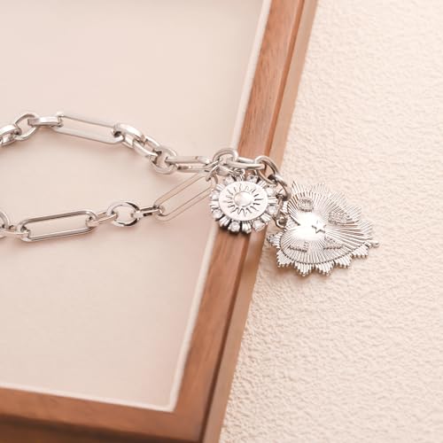 ORIGENCE Sun Heart Necklace for Women 18K Gold Plated Heart Pendant Necklace Chunky Chain Choker Necklaces Hip Hop Charm Necklaces Trendy Unisex Jewelry - style: HCharm-Silver