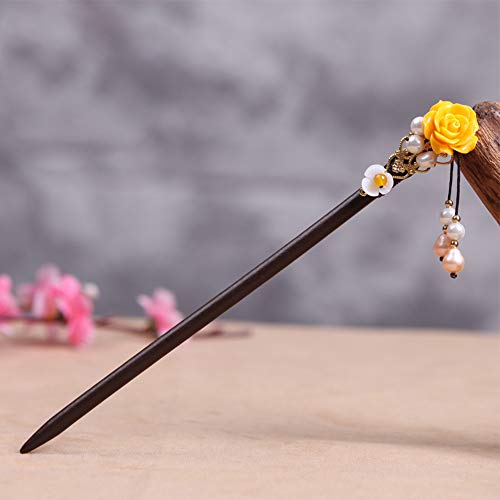 Wooden Hair Pins 7" Chinese Yellow Flower Hair Sticks For Long Hair 1 Pack Buns Accessories for Girl - color: A