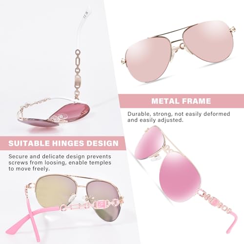 FONHCOO Aviator Sunglasses for Women Men Metal Frame UV400 Mirrored Sunglasses - color: Pink/White＆pink