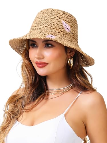 LA CARRIE Womens Sun Hat Floppy Packable Wide Brim UV Protection UPF 50+ Straw Hat with Embroidery for Summer Beach - color: Khaki