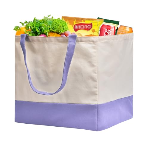 Reusable Grocery Bags Heavy Duty, 8.3 gal Foldable Large Canvas Tote Bag with Handles, Holds 60 lbs Canvas Shopping Bags, 1 Pack（Off White+Light purple） - color: [A1] Off White / Light Purple, size: 1 Pack