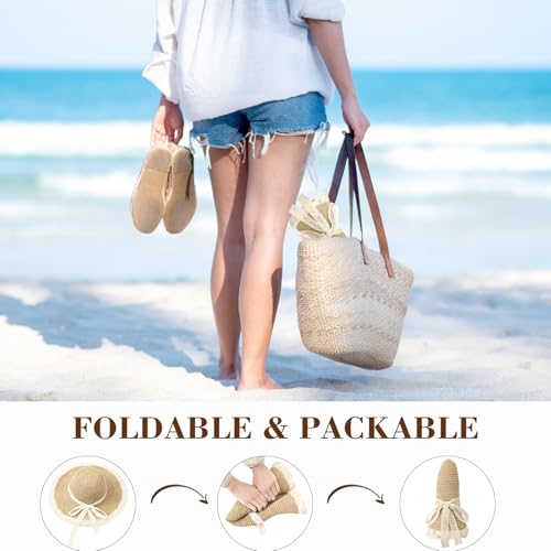 Beach Hats for Women - Beach Hat Womens UPF 50+ Lace Ribbon,Packable Sun Hat Women,Straw Hat for Women 2026 - color: Beige