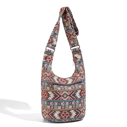 Coton Pose Women Hippie Crossbody Bag - Top Zip Large Capacity Canvas Sling Bag - Jacquard Cloth Handmade - color: Boho Brown