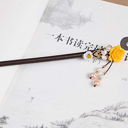 Wooden Hair Pins 7" Chinese Yellow Flower Hair Sticks For Long Hair 1 Pack Buns Accessories for Girl - color: A