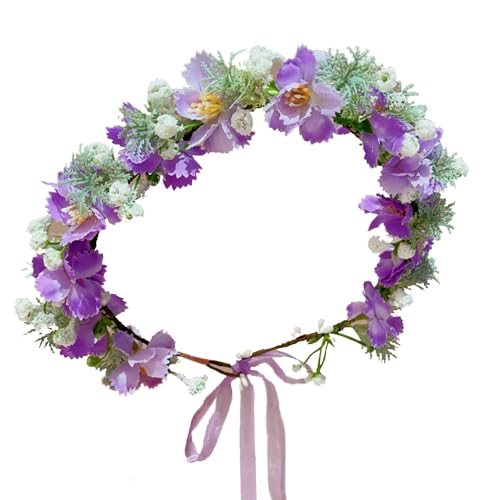 Boho Floral Crown for Women– Adjustable Faux Silk Flower Headband, Handmade Wedding Hair Accessory for Festivals & Photoshoots, Flower Hair Crown for Women (Purple White Flower, Adjustable) - color: Purple White Flower