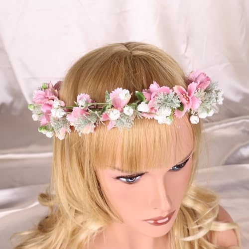 Boho Floral Crown for Women– Adjustable Faux Silk Flower Headband, Handmade Wedding Hair Accessory for Festivals & Photoshoots, Flower Hair Crown for Women (Pink White Flower Leaf, Adjustable) - color: Pink White Flower Leaf