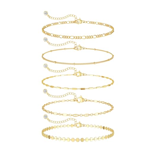 DEARMAY 14K Gold Plated Bracelets for Women, Jewelry Sets Cute Tennis Beaded Bracelets Cuban Link Paperclip Chain Dainty Bracelet Pack Gifts - color: BRACELET-G