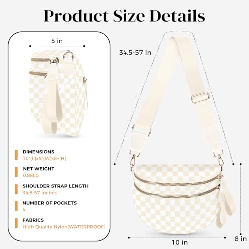 Spacious Nylon Checkered Crossbody Bum Bag for Women, Fashion Checkerboard Fanny Pack Purse with Anti-theft Pocket, Adjustable Wider Strap Wasit Bag (Beige) - color: Beige