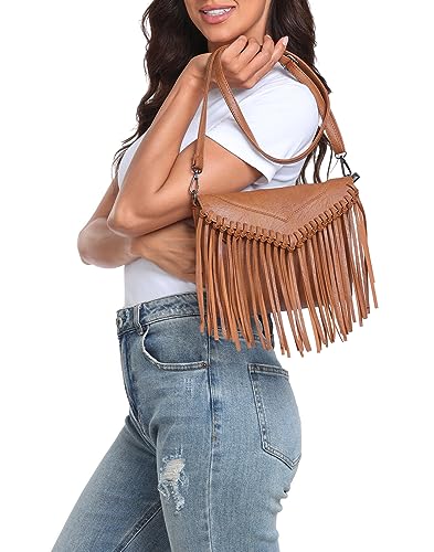 HDE Women's PU Leather Hobo Fringe Crossbody Tassel Purse Vintage Small Flap Envelope Handbag Western Sling Shoulder Bag - color: Caramel Brown