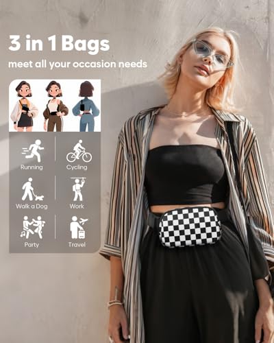 Pritent Fanny Packs for Women Cross Body Bag Waterproof Belt Bag with Adjustable Strap and Zipper Back Pocket Small Crossbody Bags Fashion Waist Packs for Workout Travelling(Checkered Black) - color: Checkered Black, size: Small