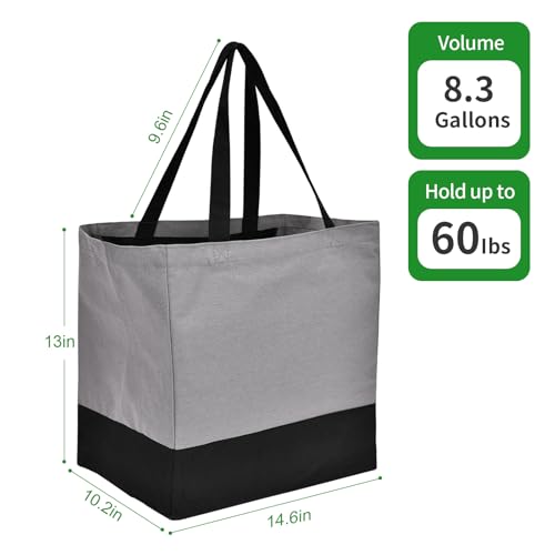 3 Pack Canvas Reusable Grocery Bags Heavy Duty, 8.3 gal Foldable Large Tote Bag with Handles, Holds 60 lbs Canvas Shopping Bags & Washable Eco-friendly Bags with 5 Pockets, Grey+Black - color: [A0] Grey / Black, size: 3 Pack
