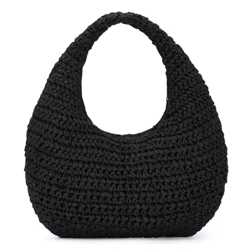 Fecialy Straw Bag for Women Crescent Shoulder Handbag Straw Summer Beach Tote Handbag Raffia Woven Hobo Bag - color: Black