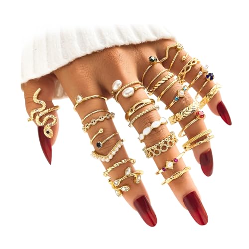 Gold Boho Sparkle Knuckle Rings Set For Women, Vintage Fashion Aesthetic Trendy Joint Snake Ring Pack, Retro Green Black Pink Colorful Rhinestone Star Crystal Leaf Diamond Pearl Jewelry - color: Gold-30Pcs