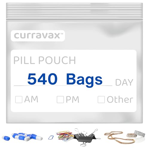 CURRAVAX Pill Bags for Travel Pack of 540 - BPA Free 3 x 2.75 inch Pill Pouch - Reusable Pill Pouches for Medicine with Write on Label –Clear Ziplock Pill Baggies for Travel Medicine Organizer - size: Pack of 540