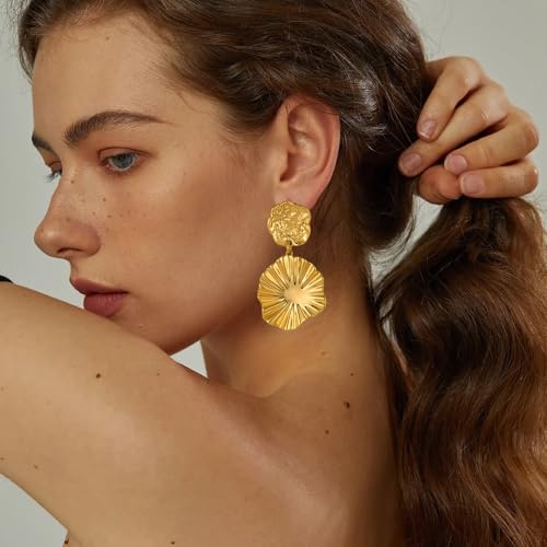 Gold Statement Earrings For Women 18K Gold Plated Sectored Flower Leaf Shell Angel Wing Earring Large Stud Earrings Hypoallergenic Stud - color: Leaf Dangle Earrings