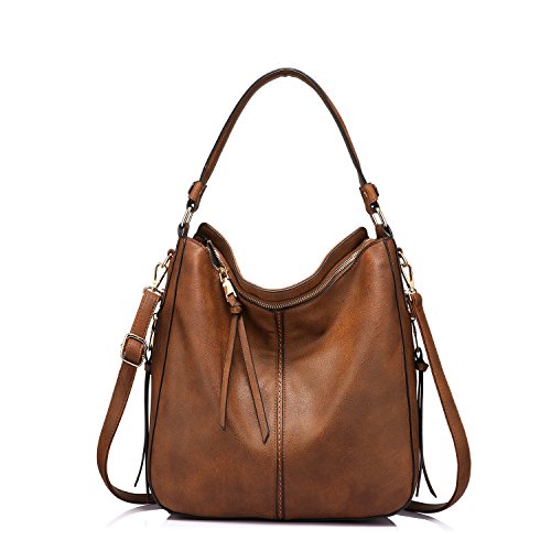 Realer Hobo Crossbody Bags for Women Designer Faux Leather Hobo Handbags Retro Large Size Shoulder Bag Bucket Purse - color: Brown-gold Hardware, size: Medium-12.4 inch