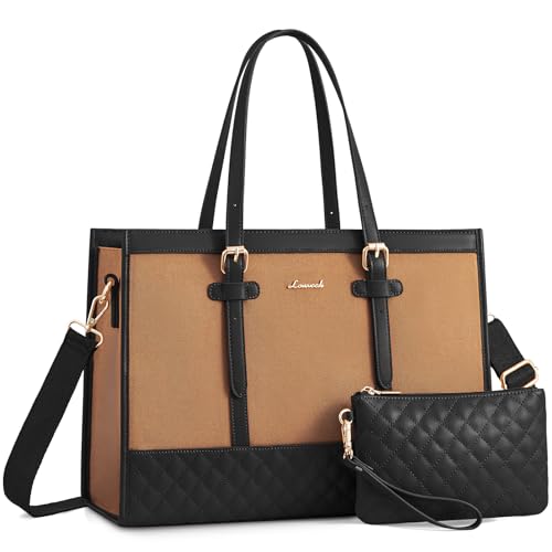 LOVEVOOK Laptop Bag for Women, 15.6 inch Canvas Laptop Tote, Large Capacity Work Bag with Clutch Purse, Office Business Briefcase, Casual Handbag for Travel, College, Teacher, School - color: Black & Brown, size: 15.6 inch