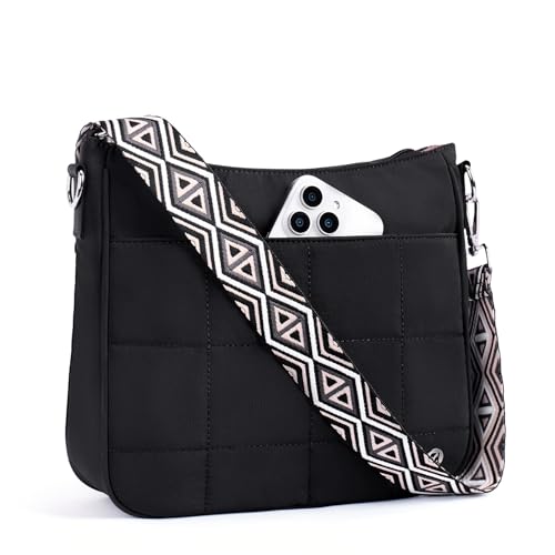 Anti Theft Crossbody Bags for Women,Quilted Puffer Travel Purses Shoulder Hobo Bag Handbag with Guitar Strap - color: Black