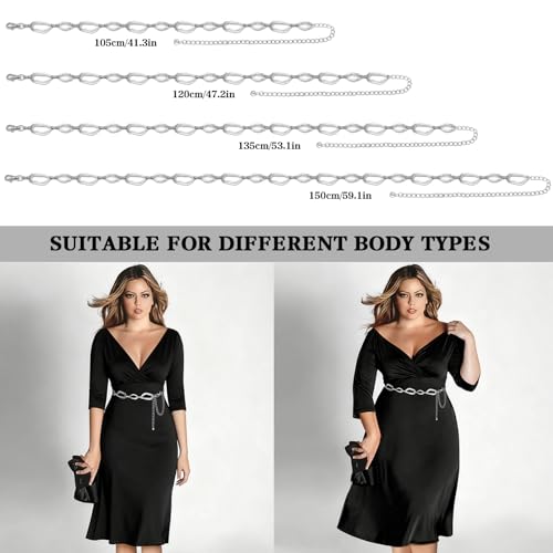 LIMHOO Women's Metal Waist Chain Belts Gold Silver Link Belt for Dresses - color: Square Silver, size: XL: Length 150cm/59in