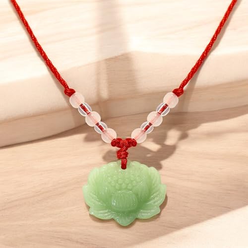 BuleVina Lotus Pendant Necklace Jade Lucky Charm with Red Cord for Men Women, Fashion Natural Green Amulet Jewelry Gifts 24 Inch Rope