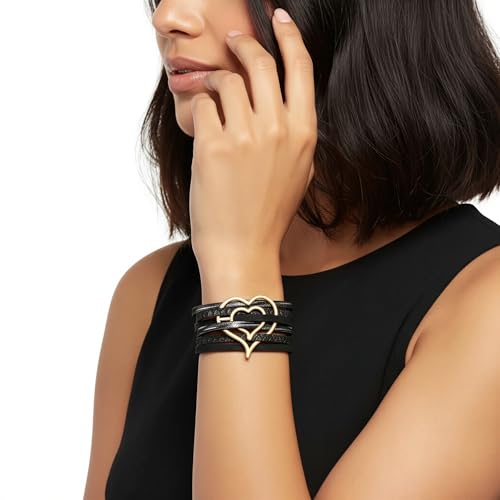 Edoneery Leather Wrap Bracelet for Women, Boho Handmade Multi-Layer Cuff with Crystal Beads Heart, Stackable Bangle Western Jewelry Gift - style: Heart(Black)