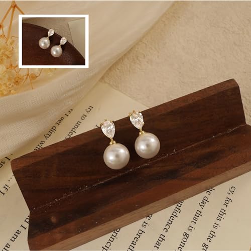 Hayopi Pearl Earrings for Women - Dainty Gold Dangle Drop Earrings, 14k Gold Plated Cute Bow Design, Hypoallergenic Pearl Studs, Wedding Jewelry Gifts - color: GOLD-Small CZ Drop pearl