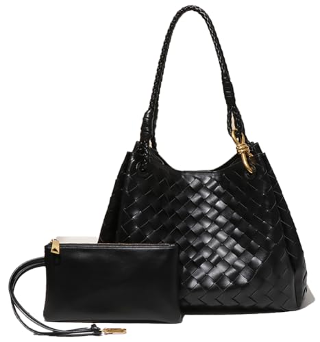 2 Pcs Slouchy PU Leather Woven Bucket Hobo Bags Women Underarm Shoulder Crossbody Purse Top-handle Tote Handbag 2025 - color: Black